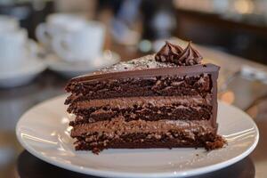 Delicious slice of chocolate cake sitting on plate in cafe photo