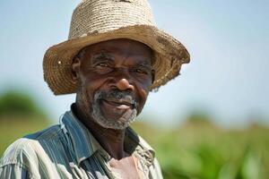 Senior farmer smiling and wearing a straw hat in a field photo