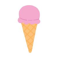 Illustration of a single pink ice cream scoop in a waffle cone. The ice cream cone is simple, with clean lines and a pastel color palette, representing a sweet summer treat vector