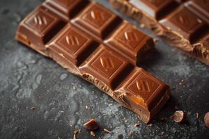 Milk chocolate bar broken on dark background photo