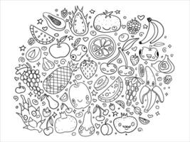 Cute fruit doodle illustration with various fruits like bananas, apples, pineapples, strawberries, and more. Hand-drawn, black and white, kawaii style with happy, smiling faces vector