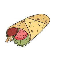 A colorful illustration of a delicious shawarma wrap with fresh ingredients including meat, tomato, lettuce, and crispy vegetables, all wrapped in a soft tortilla. Turkish durum vector