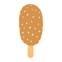 Illustrated chocolate covered ice cream popsicle with nut sprinkles on a stick. Simple, flat design, with a beige and brown color palette. Perfect for summer treat visuals vector