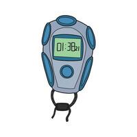 Illustration of a digital stopwatch with a blue and grey design. The device features a display showing the time 01.38.21, with a cord attached at the bottom for easy handling vector
