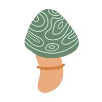 Whimsical green mushroom with a swirled pattern on its cap and a brown stem. Perfect for nature-themed illustrations, botanical designs, and playful forest graphics vector