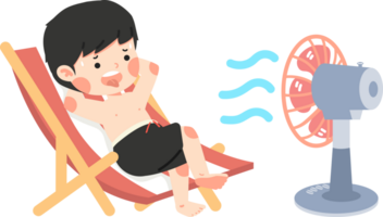 boy is sweating in hot weather while using a fan png