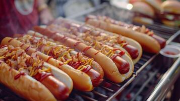 Delicious Grilled Hot Dogs With Toppings Cooked on a Barbecue at a Summer Cookout photo