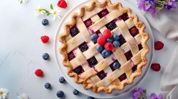 Freshly Baked Berry Pie Topped With Raspberries and Blueberries at a Rustic Kitchen Table photo
