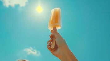 Enjoying a Refreshing Fruit Popsicle Under a Bright Blue Sky on a Sunny Day photo