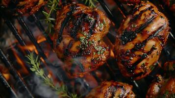 Grilling Juicy Chicken Thighs Over Charcoal With Herbs in a Backyard Setting photo