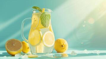Refreshing Lemonade Pitcher With Slices And Fresh Mint Leaves On Bright Surface photo