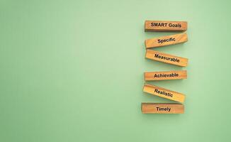 Alphabet of SMART Goals on wooden blocks isolated on a green background with space for text. Specific, Measurable, Achievable, Realistic, Timely. Smart goal setting concept photo
