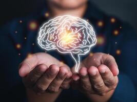 Digital image of the brain on the palm. Artificial Intelligence, AI Technology. Business analysis, innovation, technology in science and medicine. Mental health protection and care photo