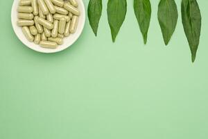 Andrographis paniculata capsules are in a white dish and green leaves isolated on green background. Space for text. Herbal, medicine, and healthcare concept photo