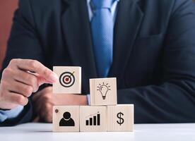 Hand of a businessman arranging wood blocks with the target, ideas, human, graph, and dollar symbol. photo