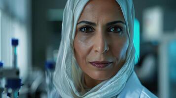 A close-up portrait of a middle-aged Arab female scientist photo