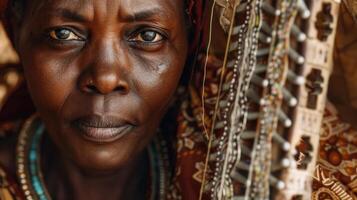 A close-up portrait of a middle-aged Zande female musician photo