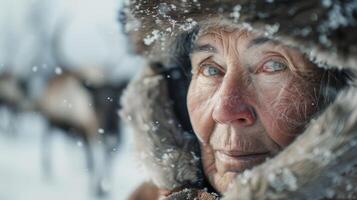 A close-up portrait of a middle-aged Laplandic female reindeer herder photo
