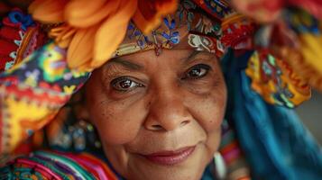 A close-up portrait of a middle-aged Afro-Peruvian female dancer photo