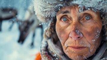 A close-up portrait of a middle-aged Laplandic female reindeer herder photo