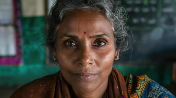 A close-up portrait of a middle-aged Sanskrit female teacher photo