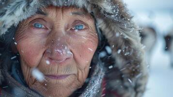 A close-up portrait of a middle-aged Laplandic female reindeer herder photo