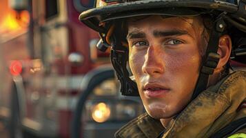 Close-up portrait of a young American male firefighter photo