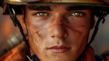 A close-up portrait of a young American male firefighter photo