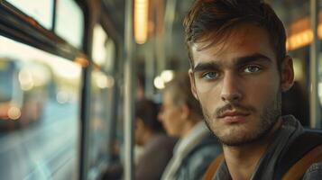 A close-up portrait of a young American male bus driver photo