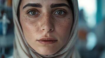A close-up portrait of a young Bedouin female doctor photo