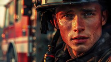 A close-up portrait of a young American male firefighter photo