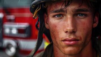 Close-up portrait of a young American male firefighter photo