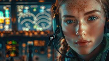 A close-up portrait of a young American female pilot photo