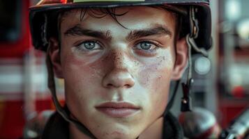 A close-up portrait of a young American male firefighter photo