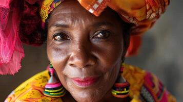 A close-up portrait of a middle-aged Afro-Peruvian female dancer photo