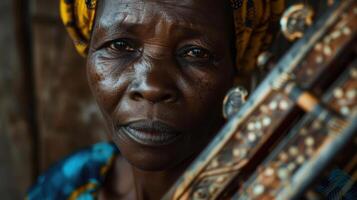 A close-up portrait of a middle-aged Zande female musician photo
