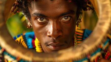 A close-up portrait of a young Afro-Colombian male musician photo