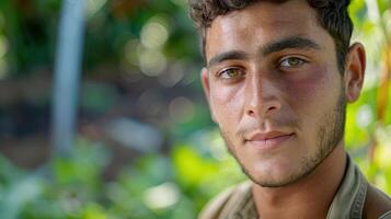Close-up portrait of a young Albanian male farmer with a serene expression photo