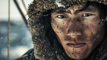 Focused close-up portrait of a young Eskimo male fisherman with a determined expression in a snowy setting photo