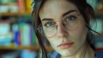 Close-up portrait of a young Lithuanian female teacher in a classroom. photo