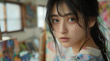Close-up portrait of a young Japanese female artist with a thoughtful expression, holding a paintbrush, in a studio setting with artworks in the background. photo