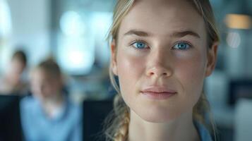 Close-up portrait of a young Norwegian female manager with blue eyes and freckles, looking directly at the camera in an office setting. photo