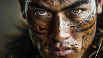 Close-up portrait of a young Maori male warrior with traditional face paint. photo