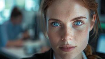 Close-up portrait of a young Irish female manager with a confident expression, in a modern office setting. photo