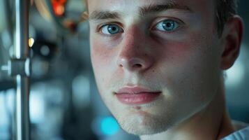 Close-up portrait of a young Lithuanian male engineer in an industrial setting. photo