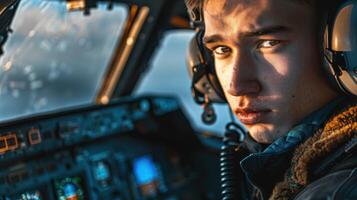 Young pilot in cockpit with headset, intense expression photo
