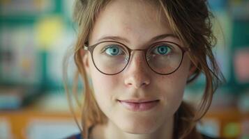 Close-up portrait of a young Lithuanian female teacher in a classroom. photo