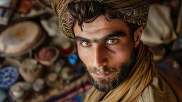 Close-up portrait of a young Pashtun male artisan with a serious expression, dressed in traditional clothing and headwear, against a background of colorful fabrics. photo