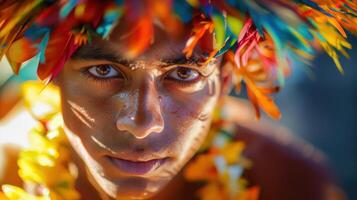 Close-up portrait of a young Tahitian male dancer. photo