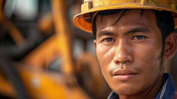 Close-up portrait of a young Khmer male construction worker. photo